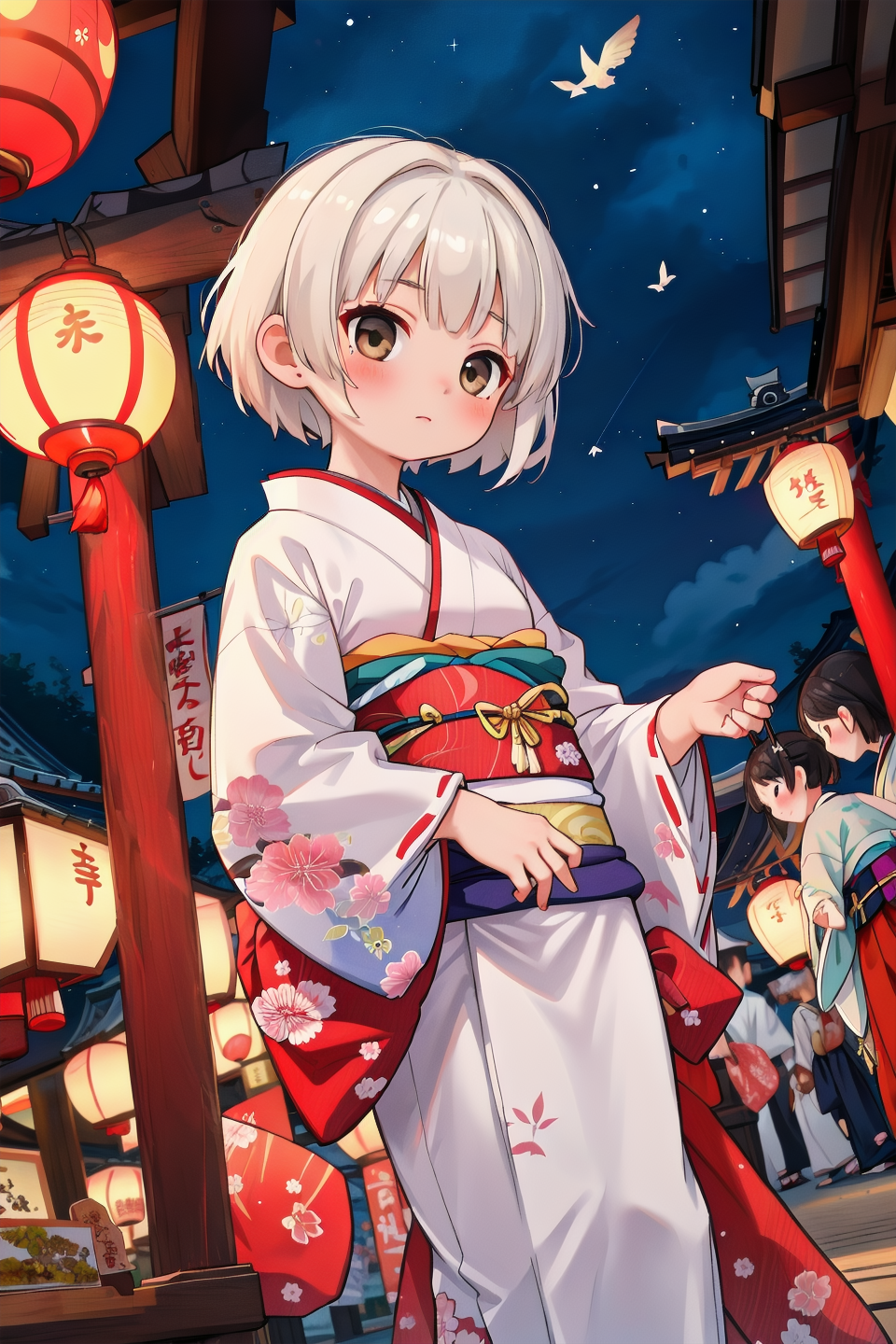 00308-1477319470-masterpiece,best quality,1girl,night,white short hair,japanese cloth,kimono,festival,matsuri,illumination,shop,bazaar,dutch angl.png